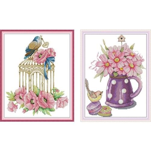 Joy Sunday Bird and Vase Patterns DIY Hand Cross Stitch Kit 14CT 11CT Printed Canvas for Embroidery Kit DMC Floss for Needlework
