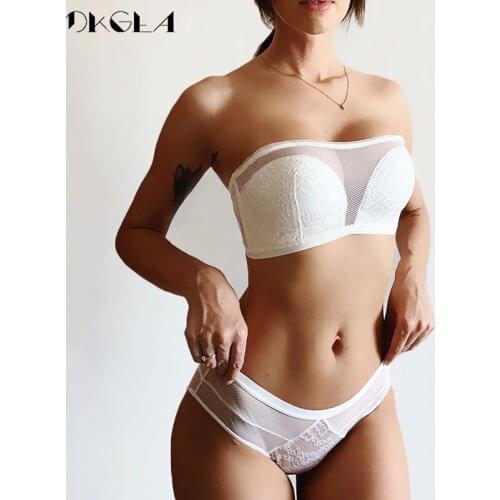 White Tube Top Lace Lingerie Set Seamless Brassiere Cotton Women Bra Panties Sets Embroider Wedding Dress Underwear Set Sexy Bra