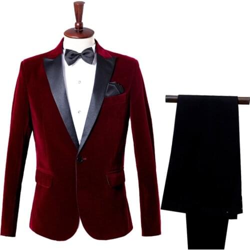 Wine Red Corduroy One Button Tuxedo Suits With Pants Party Wedding Groom 2 Pieces Suit Banquet Dress Blazer Male Costume Homme