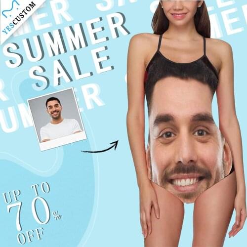 M YesCustom Custom Face Funny Women Slip One Piece Swimsuit Top Bikini Set 2021 Backless Swimwear Beach Party BathingSuit