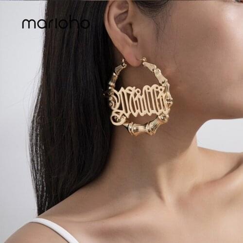 Marioho Large Hoop Earrings Custom Bamboo Letters Earring Ring Set Gold color Hoop Earrings for Party Jewelry Accessories Gift