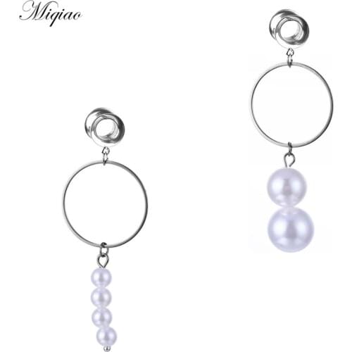 Miqiao 2pcs New Product Hot Sale Stainless Steel Asymmetric Large Pearl Double Horn Ear Expander Exquisite Body Piercing Jewelry