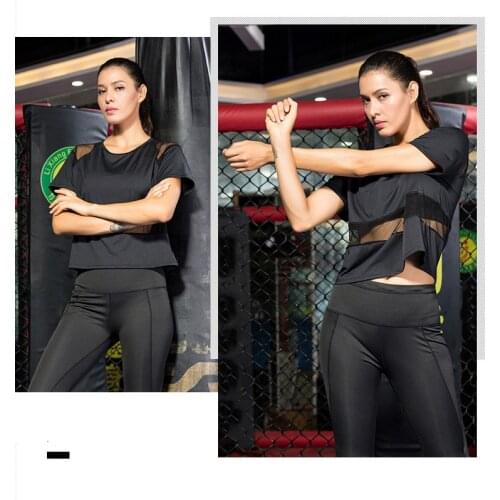 Fashion Womens mesh yoga clothing loose casual running fitness clothes quick-drying breathable sports blouse Top Elastic Tshirt