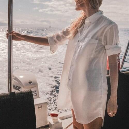 Cover Up Blouse Top Swimwear Women Tunics Chiffon Cardigan Long Sleeve Loose Beach Wear Dress Shirt 2021