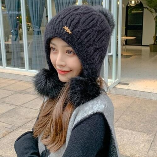 Autumn Winter Thick Warm Beanie Hats Knitted Fashion Skullies Caps With Fluffy Balls Women Street Windproof Earflap Cap 56-58cm