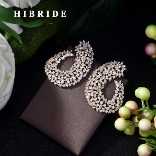HIBRIDE High Grade Luxury Popular Geometry Flower Shape Stud Earrings Full Mirco CZ Paved Wedding Earring Fashion Jewelry E-413