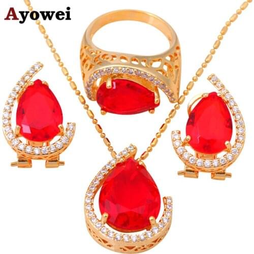 Red Garnet Gold tone AAA Zirconia Health Nickel & Lead free Earring Necklace Ring sz #7 #8.5 #9 Jewelry Set JS304A