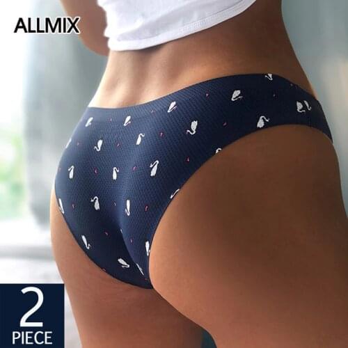 ALLMIX 2Pcs Sexy Womens G-String +Briefs Panties Set Underwear Seamless Print Thongs Low Waist Woman Intimates Comfort Lingerie
