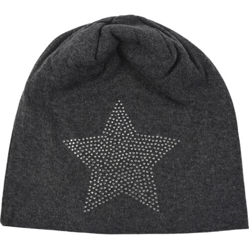 Unisex Men Women Classic Star Rhinestone Slouch Beanie Cap Cotton Hat Dark Grey