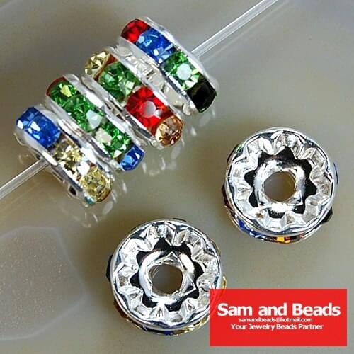 Top quality ! Crystal Rhinestone Rondelle Spacer Beads Silver Free Shipping 100Pcs Wholesale Multi Color