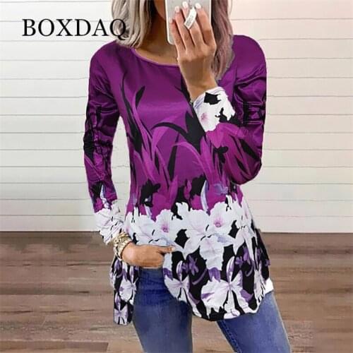 2021 New Summer Flower Print Shirt Women Bohemian Blouses Casual Long Sleeve O-Neck Ladies Tunic Slim Party Tops Shirts Femme