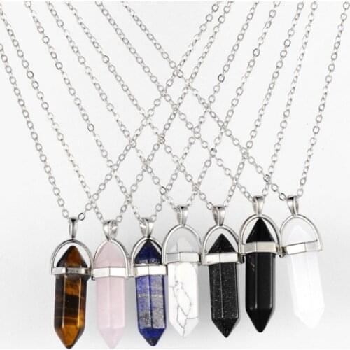 2020 Lady Women Girl Natural Stone Hexagonal Cylindrical Crystal Pendant Boho Geometric Hexagon Clavicle Necklace