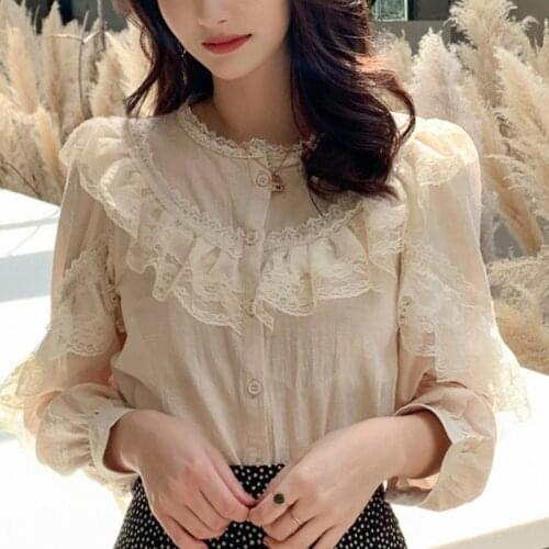New 2021 Spring Cotton Linen Lace Blouse Women Button Solid Stand Collar Tops Ladies Lace Stitching Sweet Shirt Blusas Feminine
