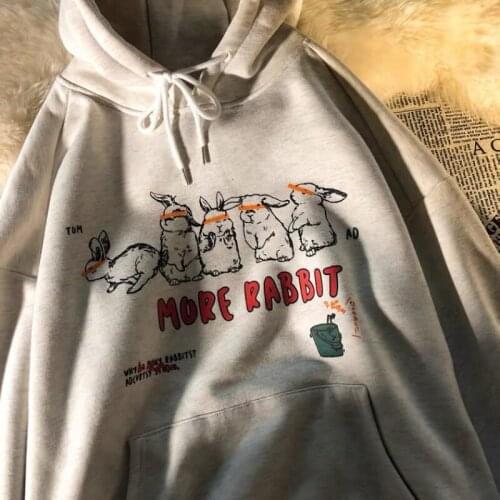 Womens Sweatshirt Bunny Rabbit Print Korean Style Cute Hoodies 2021 Autumn Winter Fashion Kawaii Oversized Hooded Streetwear