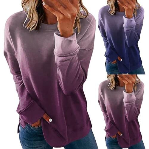 Women Long Sleeve Round Neck Color Gradient Pullover T-Shirt Tops Winter Regular Polyester Daily All-match Lovely Girls T-shirt