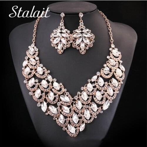 Ethic Leather Crystal Jewelry Sets Gold Link Chain Pendant Necklace Drop Earrings Wedding Bridal Jewelry Sets Women Boho Gift