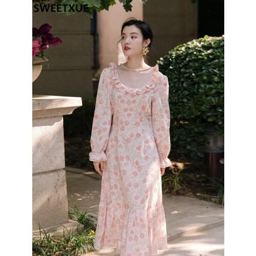 SWEETXUE 2021 Women Vintage Elegant Long Sleeve Romantic Fairy Print Embroidered Cotton Temperament Chic Fishtail Dress Female