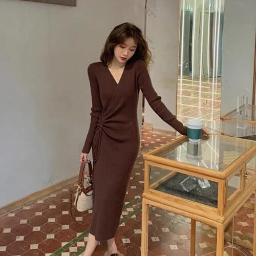 Womens Maxi Dress Long Sleeve V-neck Drawstring Dresses Knitted Sweater Woman Long Dress Autumn Winter Fashion
