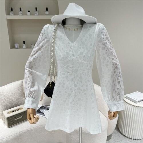 Womens Spring Summer 2021 Niche Design Fashion Temperament Flower Medium Length Bubble Sleeve Dress