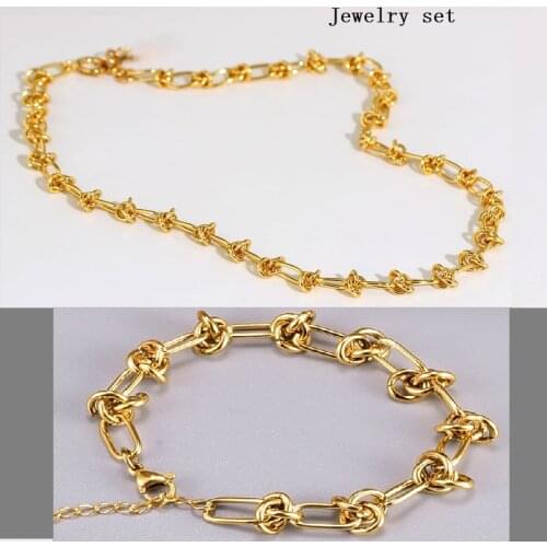 18k Gold Filled Stainless Steel Wire Bramles Knotted Chains Necklace and Bracelet Jewelry Set Women Cute Boho Chunky Twisted