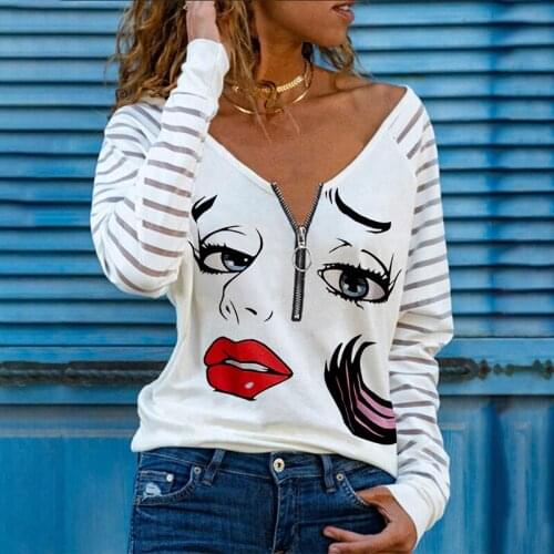 2021 Spring V-Neck Face Pattern Print Zipper Design Long Sleeve Kawaii White Ladies Streetwear Pullover Tops Womens Tee Shirts