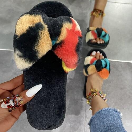 2021 Women Short Plush Slippers Woman Mixed Color Bowtie Slides Female Soft Indoor Shoes Ladies Casual Home Flats Plus Size
