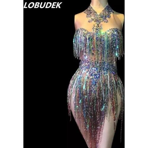 Colorful Sequins Rhinestones Tassels Bodysuit Sleeveless Crystals Jumpsuit Sexy Nightclub Women Singer Stage Wear Dance Costumes