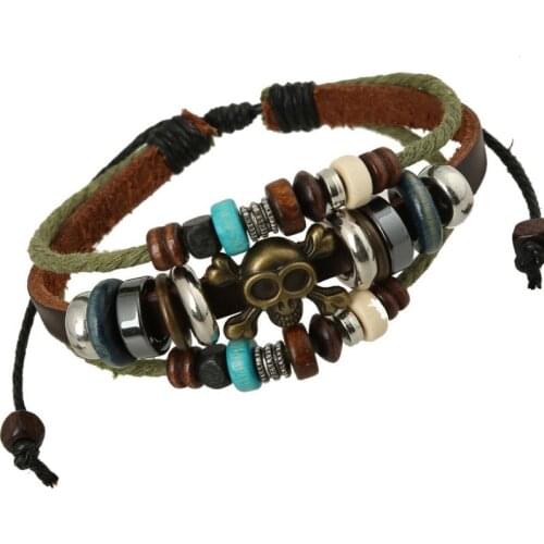 Punk Gothic Skull Beads Charm Bracelet Wrap Multi Genuine Leather Bangle Wristbands Adjustable Fashion Hiphop Women Men Jewelry