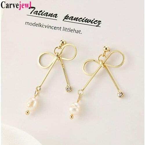 Carvejewl drop dangle earrings metal bow pearl crystal rhinestone earrings for women jewelry new simple fashion Korean earrings