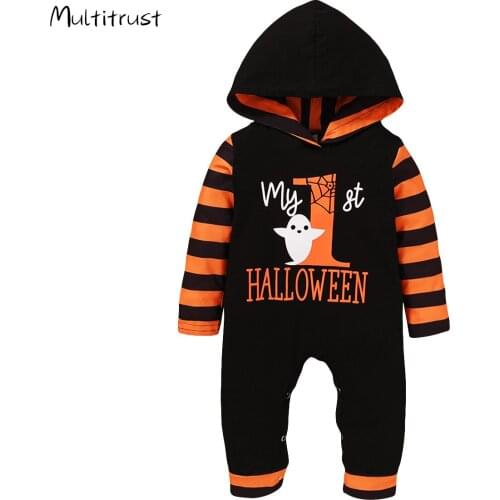 Baby Romper Halloween Kids Baby Girls Boys Rompers Pumpkin Print Long Sleeve Hooded Autumn Warm Jumpsuits