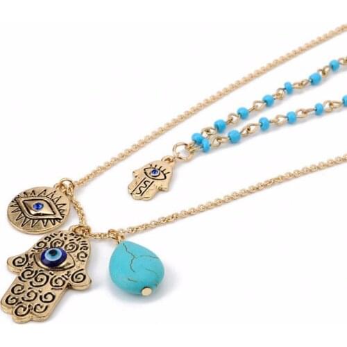 Women Fine Jewelry Charms Fashion Blue Hamsa Hand Necklace Vintage Bead Rammel Necklaces&Pendants