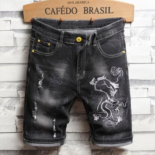 Trend Mens Summer New Denim Shorts Fashion Dragon Embroidery Ripped Hole Locomotive Elasticity Black Short Jeans Male Clothing