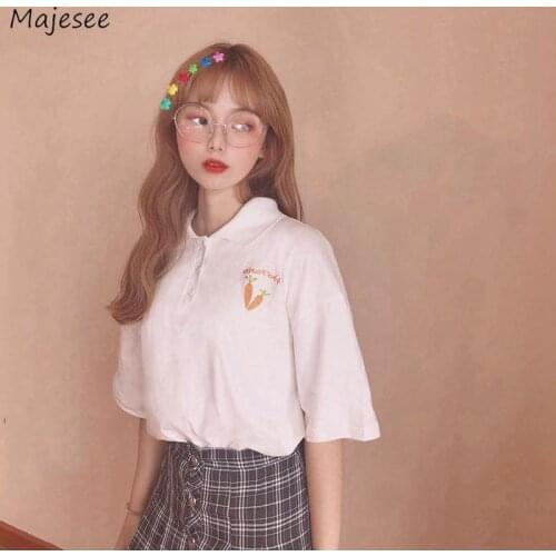 Short Sleeve T-shirts Women Carrot Pattern Embroidery Korean Style Kawaii Young Female Tops Casual Students Loose Soft Tender