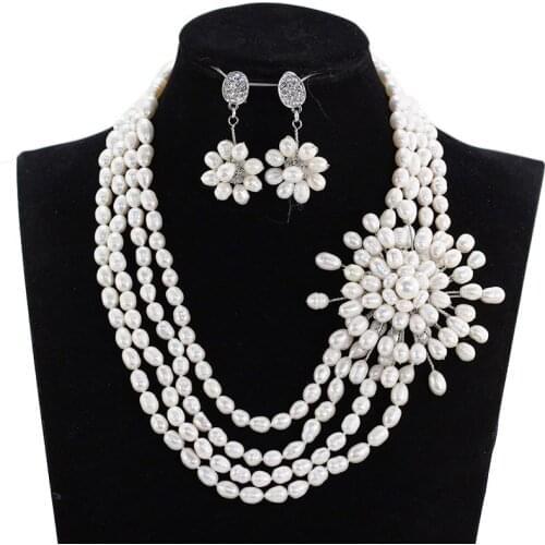 Graceful 4 Layers White Freshwater Pearl Wedding Necklace Set Flower Pearl Beads Jewelry Set Events&Party Free Shipping FP166