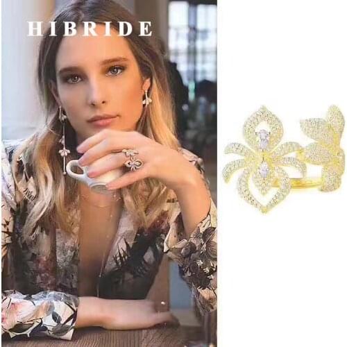 HIBRIDE European Style Women Adjustable Open Rings Cubic Zircon Cocktail Ring Engagement Gifts White Gold Color R-158