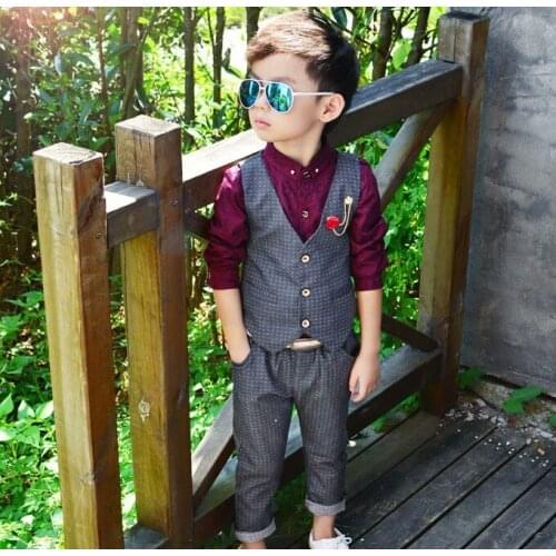 2019 Brand New 2 Unids Boys Spring Vest Formal Top Quality Simple V-Neck Birthday Dress Set, Color: gray, wine red