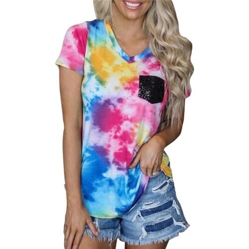 Summer Sexy Loose T Shirt Tops Women Ladies Short Sleeve Casual V-neck Tees Top High Street Sequin Pocket Patchwork New T-Shirt