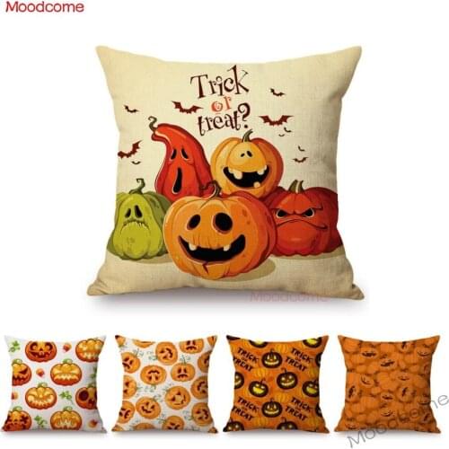 Cute Comic Cartoon Halloween Pumpkin Face Decoration Throw Pillow Car Pillow Case Trick or Treat Cotton Linen Sofa Cushion Cover