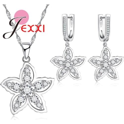 Fashion Flower Necklaces Earrings White CZ Crystal Paved Wedding Bride Party Wholesale Bridal Jewelry Sets