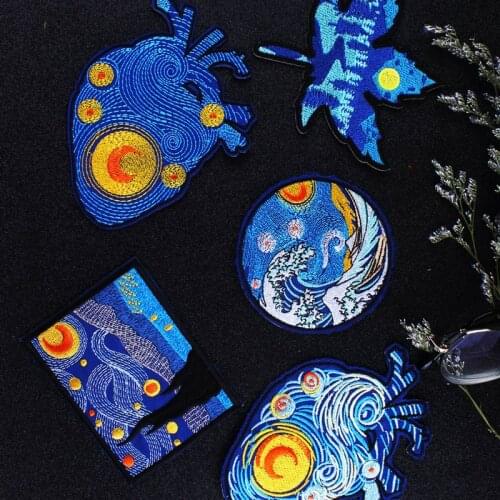 Van Gogh Custom Patches Starry Sky Patch Embroidered Patches For Clothing Blue Yellow Artistic Sticker For Clothes Iron On Patch