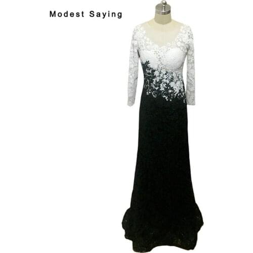 Real Ivory and Black Mermaid Beaded Long Sleeve Lace Evening Dresses 2017 Formal Women Long Engagement Party Prom Gowns LE22