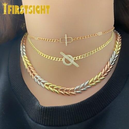 2020 New Gold Color CZ Necklace 5mm OT Buckle Large Circle Cuban Link Choker Hip Hop Jewellery Charm Necklace Women Jewelry