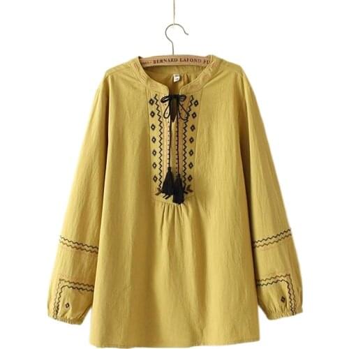 Plus size Embroidery Tassel women blouse 2021 spring NEW casual ladies V-neck cotton shirts female