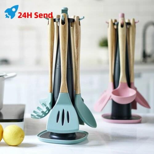 Silicone Kitchenware Cooking Utensils Set Non-Stick Cookware Spatula Shovel Egg Beaters Wooden Handle Kitchen Cooking Tool Set