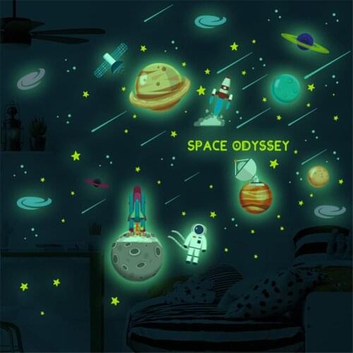 Glow in the Dark Stars and Planets for Ceiling Decals Luminous Space Planet Rocket Wall Stickers Cartoon Fluorescent Decoration