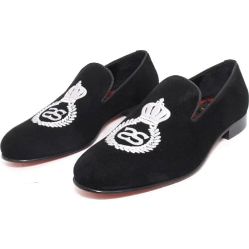 Handmade Black Suede Wedding Shoes with Shenbins Logo Floral Embroidery and Red Leather Soles, Formal Groom Party Shoes