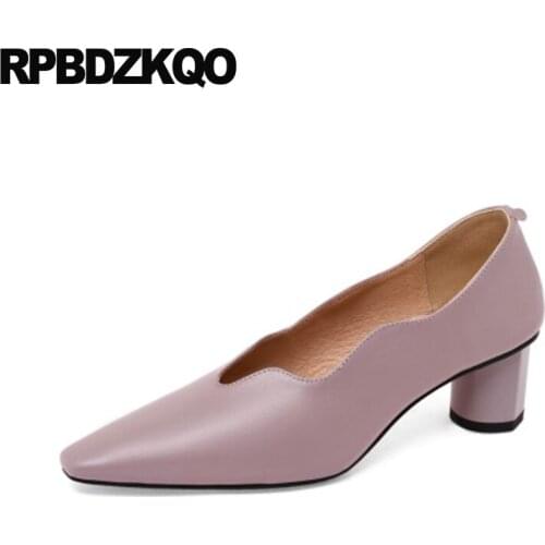 High Quality Beige Medium Heels Genuine Leather Size 33 Women Pumps Office Nude Shoes 2021 Block Ladies Formal Lilac Square Toe