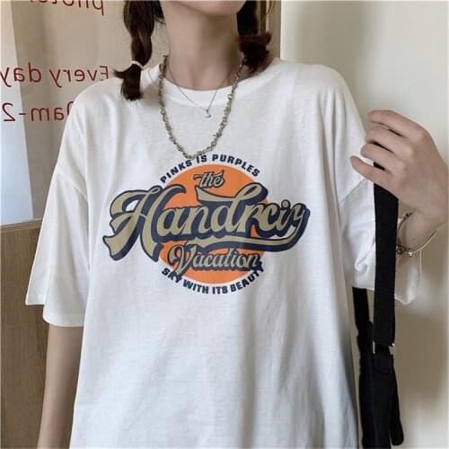 Summer 2021 Fashion Letter Printed Oversized T-Shirt Female Harajuku Casual Loose Top Clothes Vintage Tee Shirts Femme Pullover