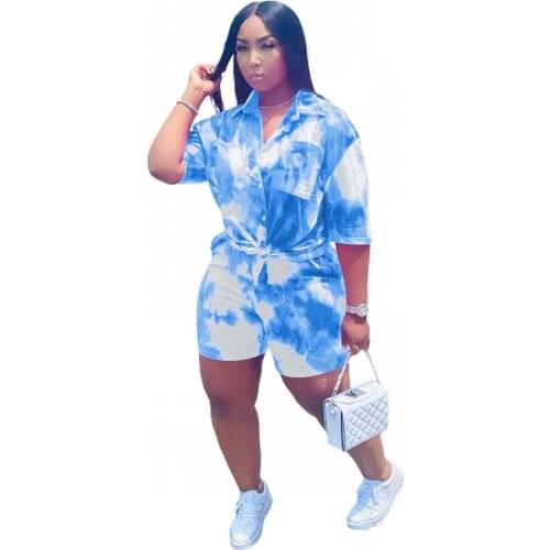 Two Piece Set Summer Women Tie Dye Shorts Sets Vintage Boho Oversized Shirt High Waist Shorts Mujer Matching Sets Outfit 2021