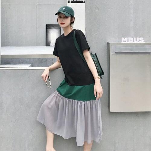 Johnature New Patchwork Chiffon Women Dresses 2021 Summer Casual Korean Loose O-neck Short Sleeve Hit Color Female Dress